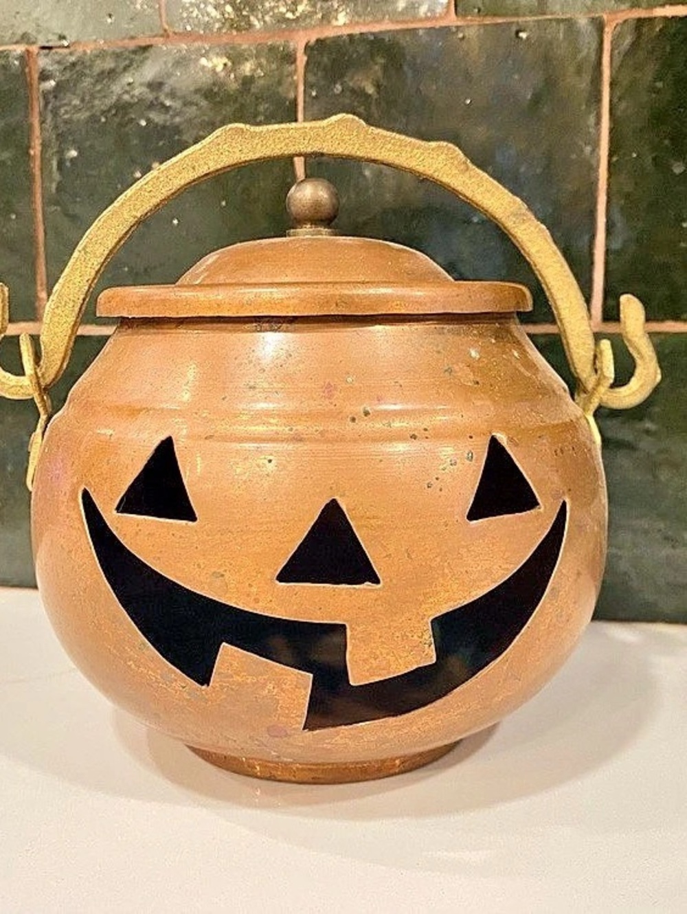 Vintage Copper Jack O Lantern Lantern Brass Handle Lid Halloween Candle Holder